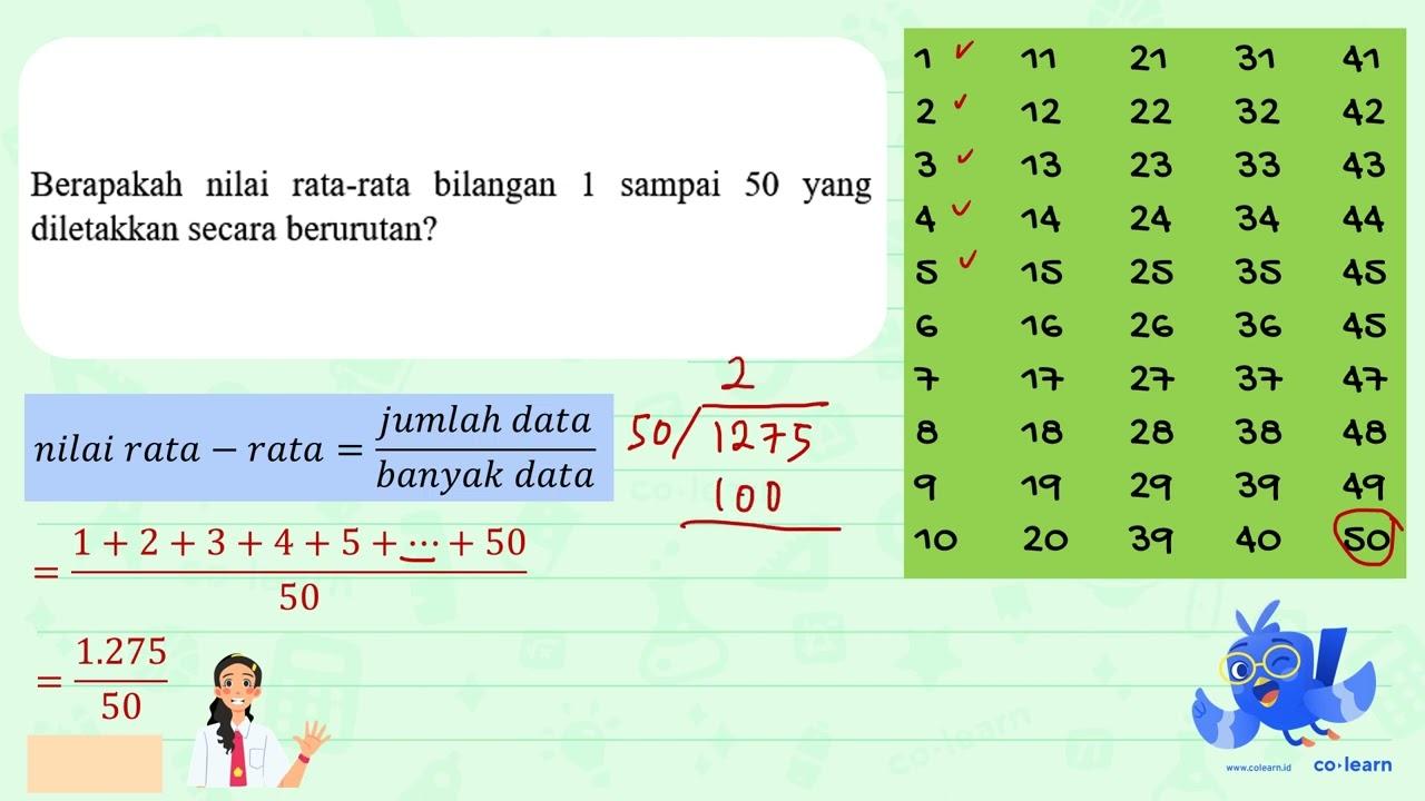 Berapakah nilai rata-rata bilangan 1 sampai 50 yang