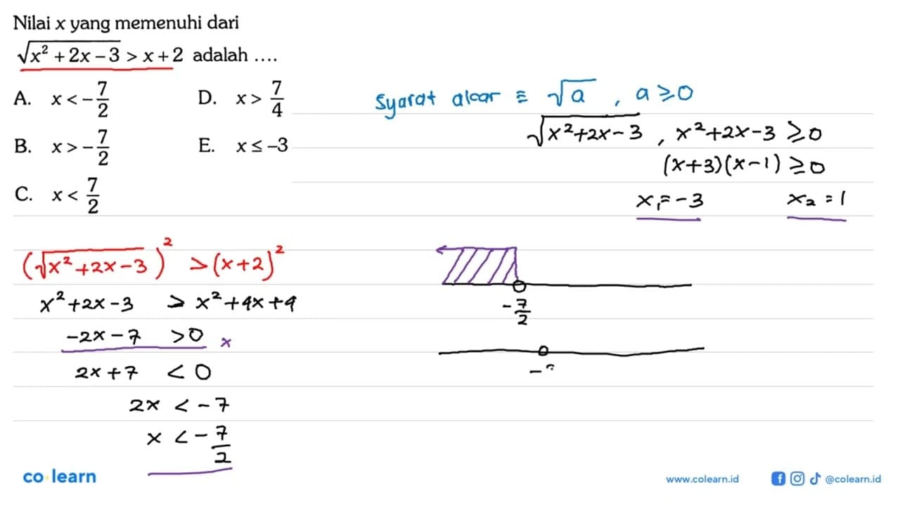 Nilai x yang memenuhi dari akar(x^2+2x-3)>x+2 adalah ....