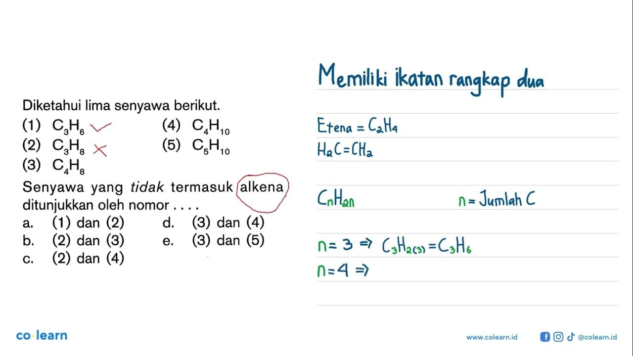 Diketahui lima senyawa berikut; (1) C3H6 (4) C4H10 (2) C3H8