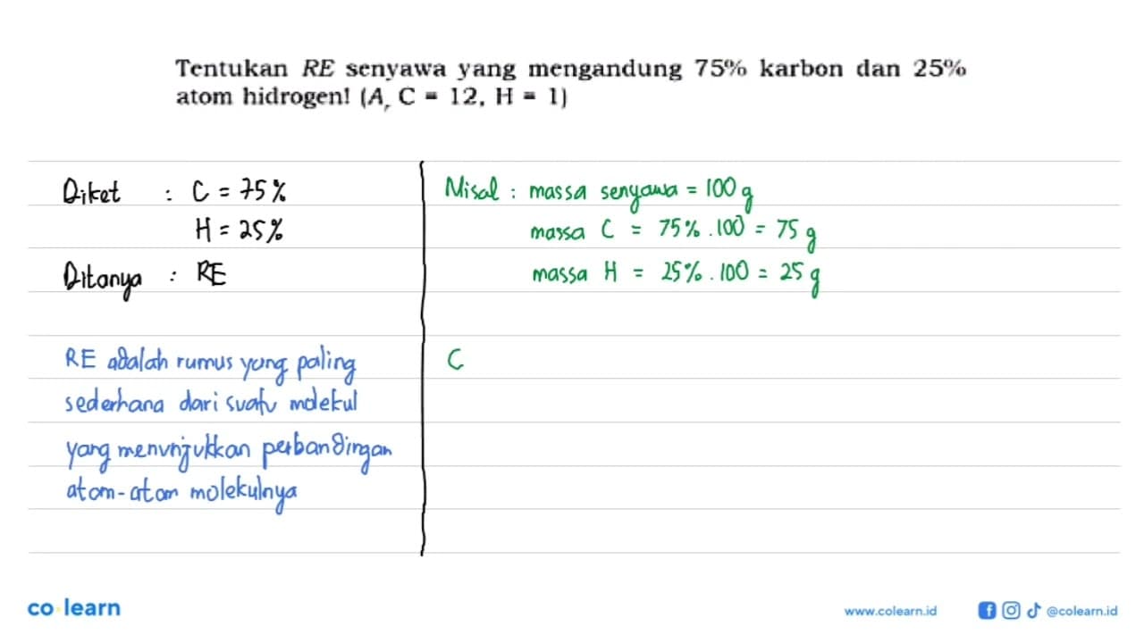 Tentukan RE senyawa yang mengandung 75% karbon dan 25% atom