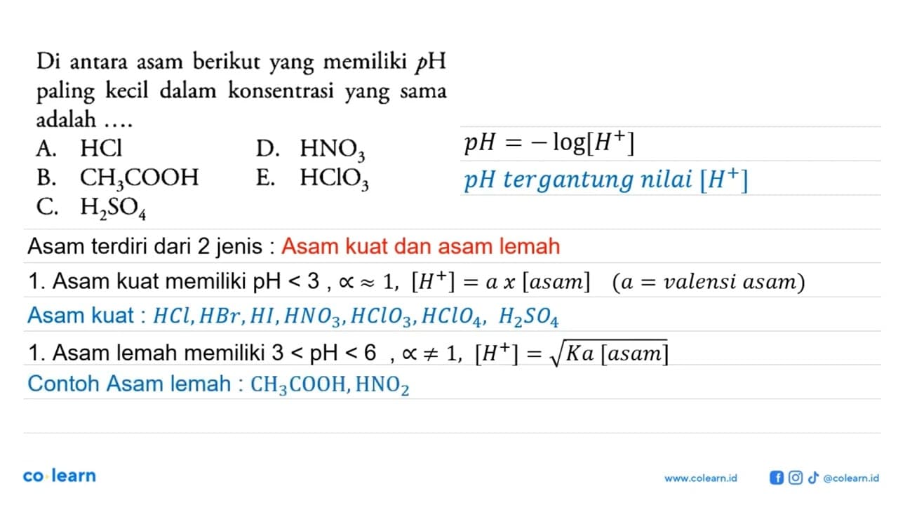 Di antara asam berikut yang memiliki pH paling kecil dalam