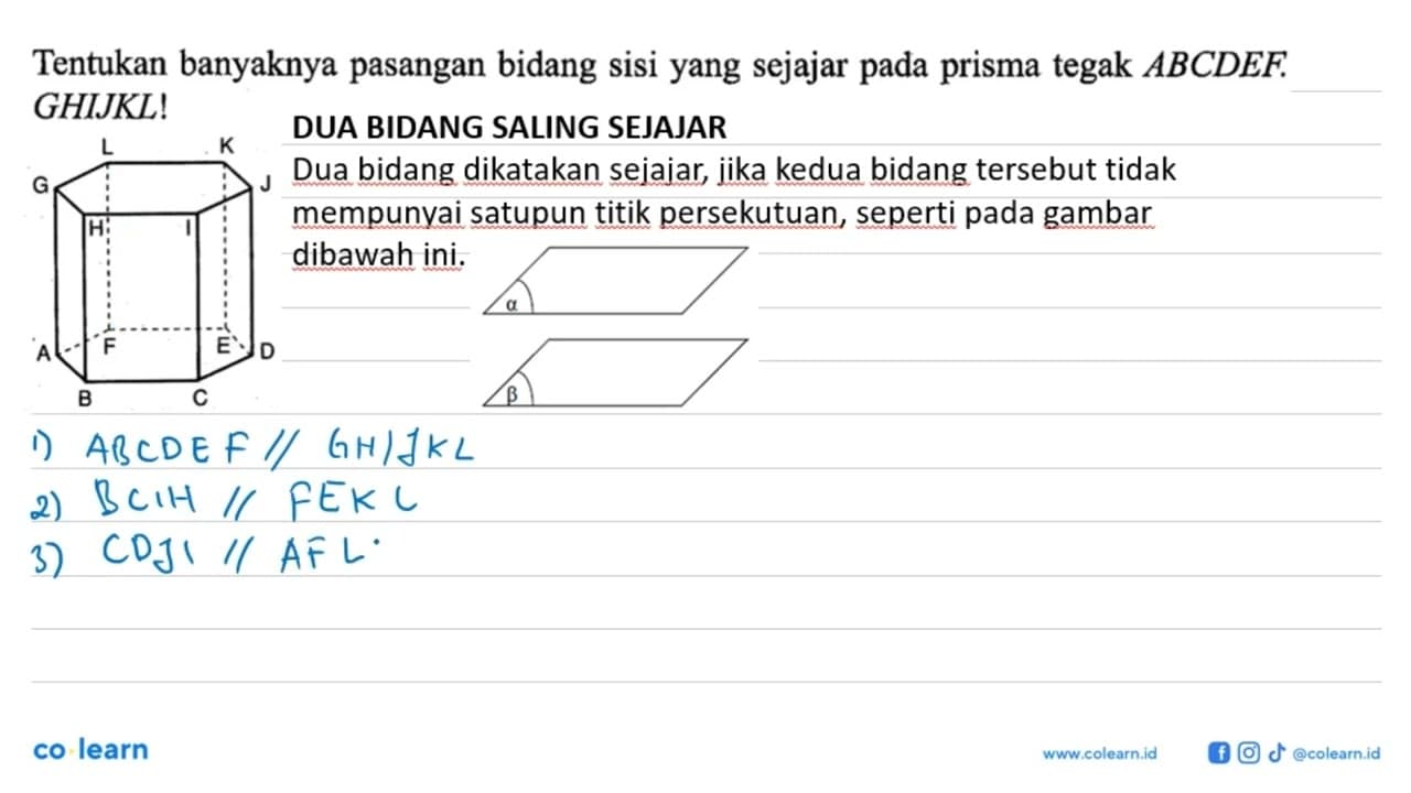 Tentukan banyaknya pasangan bidang sisi yang sejajar prisma