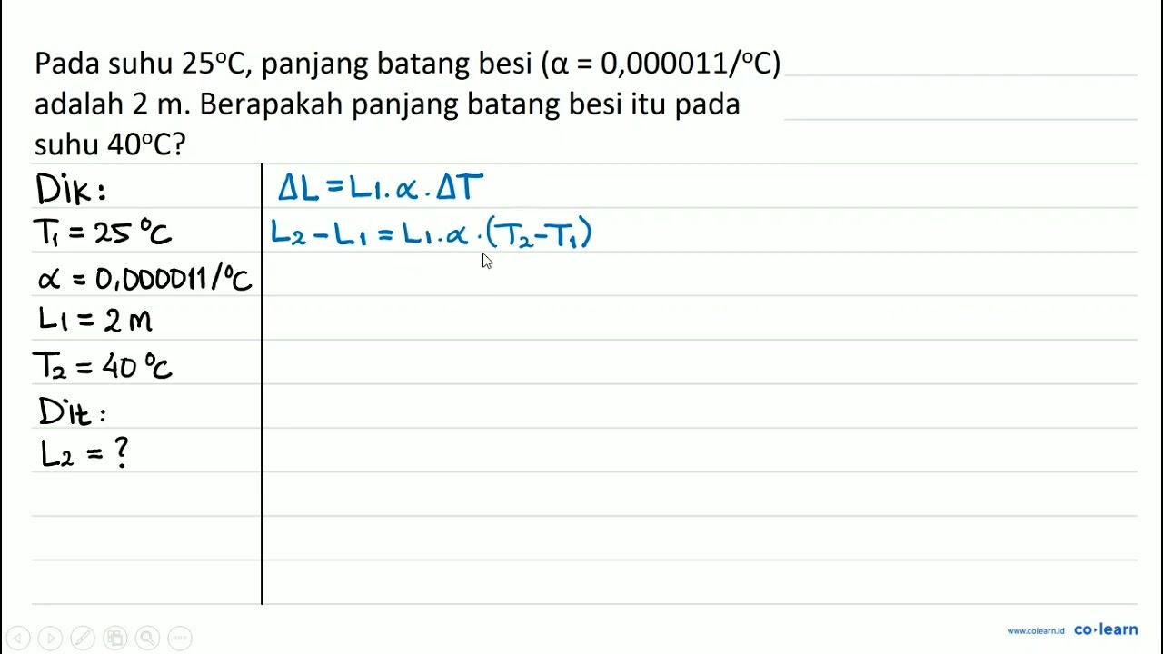 Pada suhu 25 C , panjang batang besi (a=0,000011 /{ ) C)