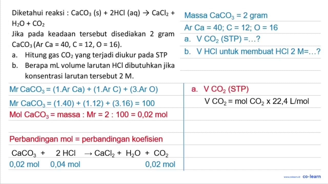 Diketahui reaksi : CaCO_(3)(~s)+2 HCl(aq) -> CaCl_(2)+