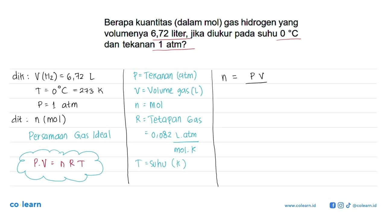 Berapa kuantitas (dalam mol) gas hidrogen yang volumenya