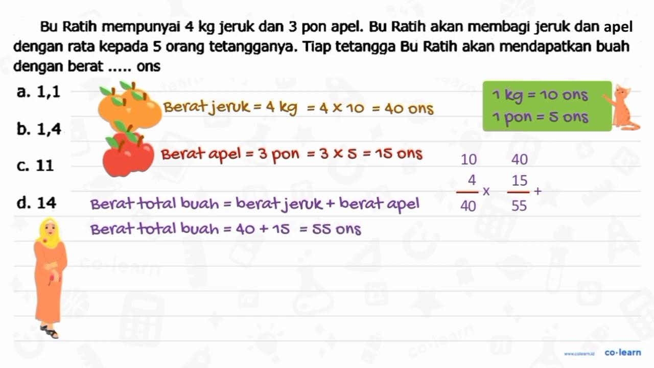 Bu Ratih mempunyai 4 kg jeruk dan 3 pon apel. Bu Ratih akan