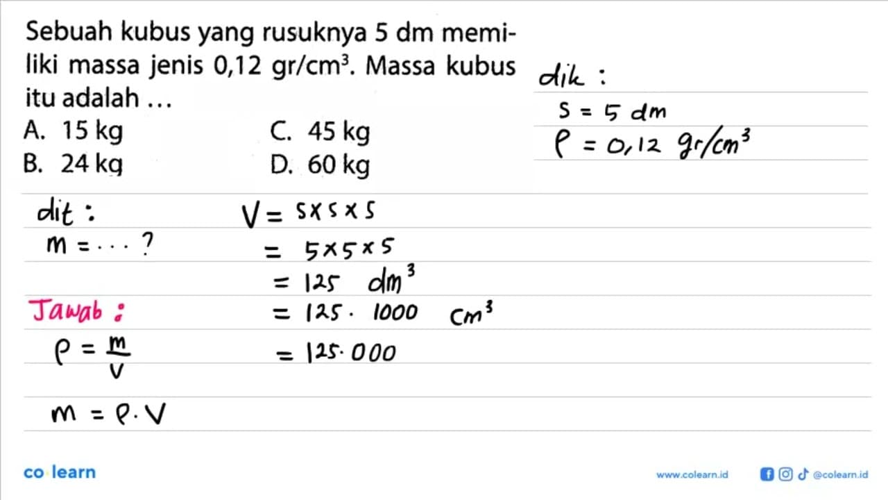 Sebuah kubus yang rusuknya 5 dm memi- liki massa jenis 0,12