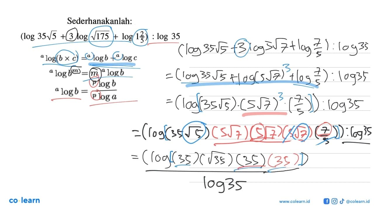 Sederhanakanlah: (log(35 akar(5))+3 log akar(175)+log(1