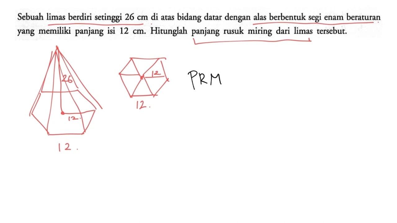 Sebuah limas berdiri setinggi 26 cm di atas bidang datar