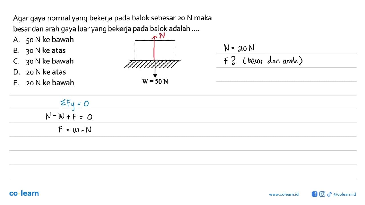 Agar gaya normal yang bekerja pada balok sebesar 20 N maka