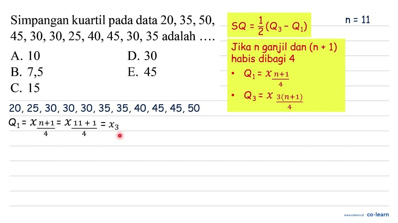 Simpangan kuartil pada data 20,35,50 ,