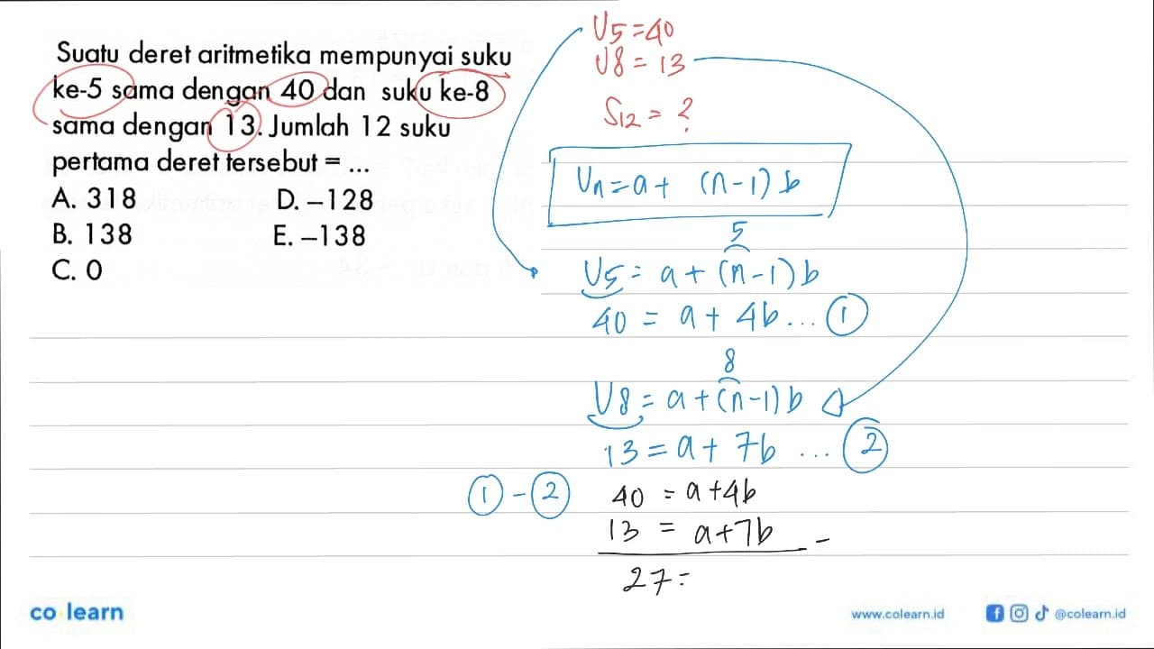 Suatu deret aritmetika mempunyai suku ke-5 sama dengan 40