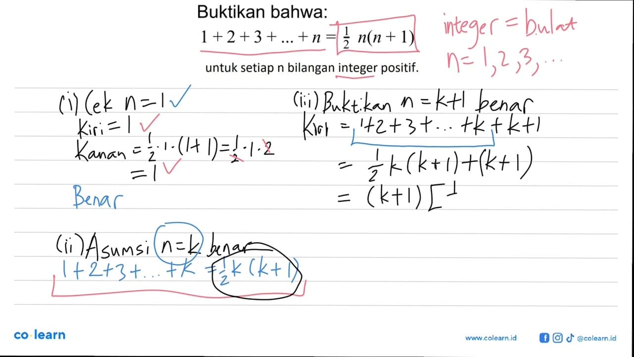 Buktikan bahwa: 1+2+3+...+n=1/2n(n+1) untuk setiap n