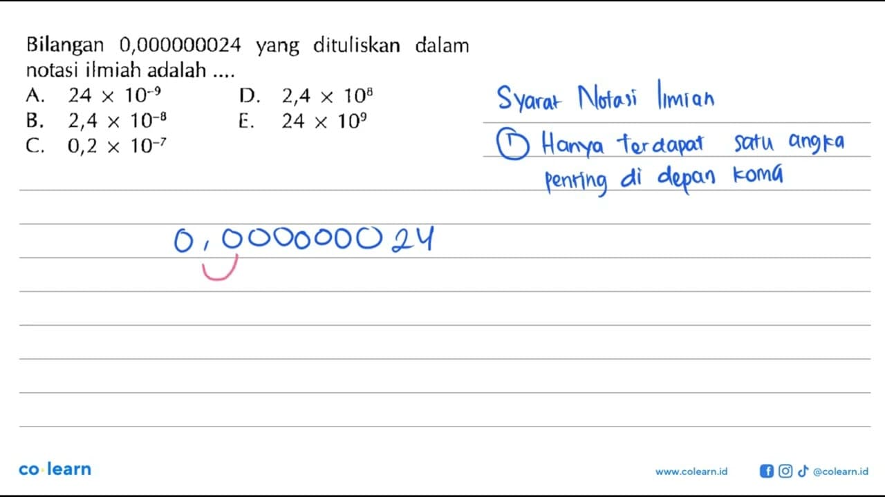 Bilangan 0,000000024 yang dituliskan dalam notasi ilmiah