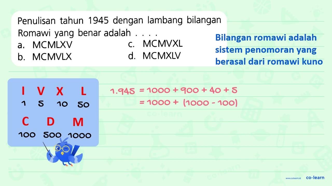 Penulisan tahun 1945 dengan lambang bilangan Romawi yang