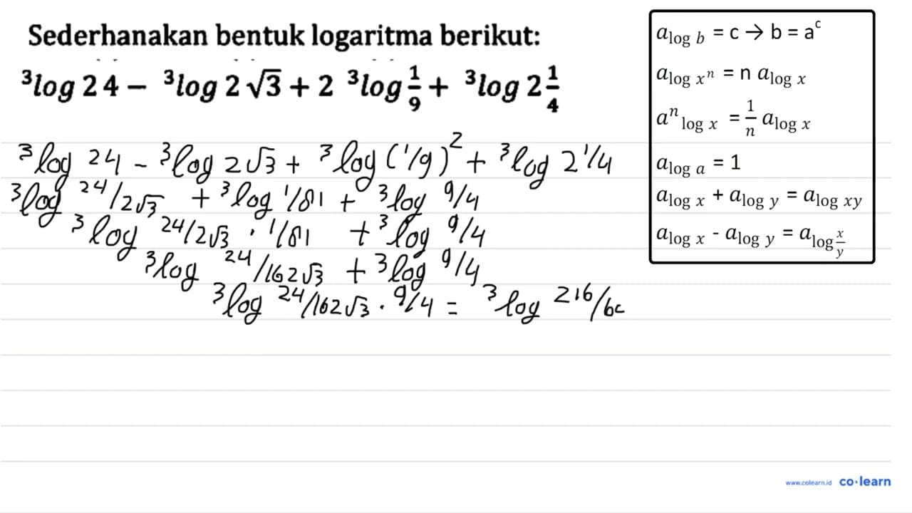 Sederhanakan bentuk logaritma berikut: 3log24 - `3log(2