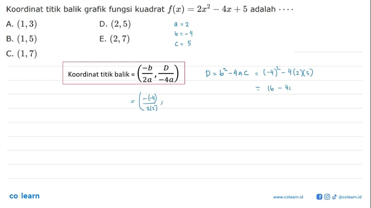 Koordinat titik balik grafik fungsi kuadrat f(x) = 2x^2 -