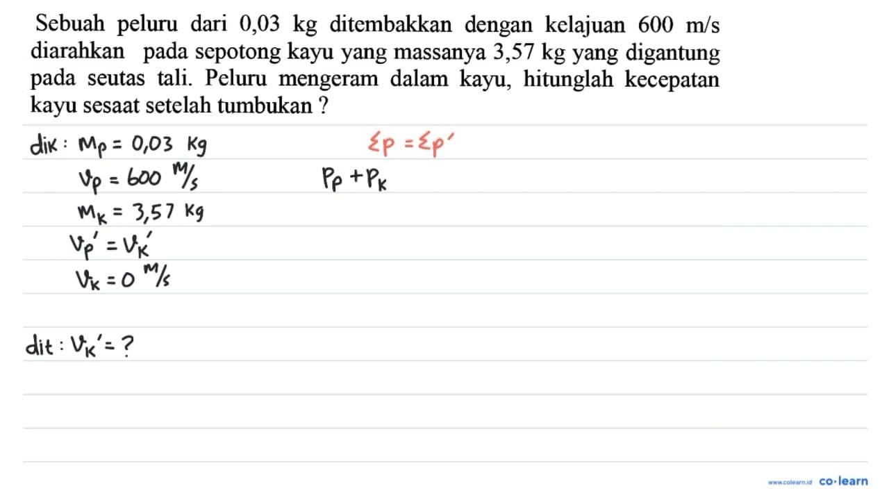 Sebuah peluru dari 0,03 kg ditembakkan dengan kelajuan 600