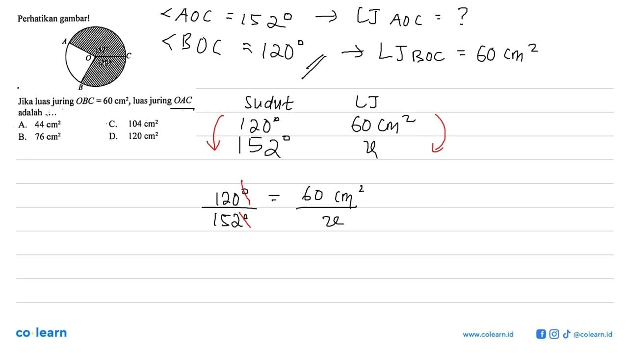perhatikan gambar! Jika luas juring OBC=60 cm^2, luas