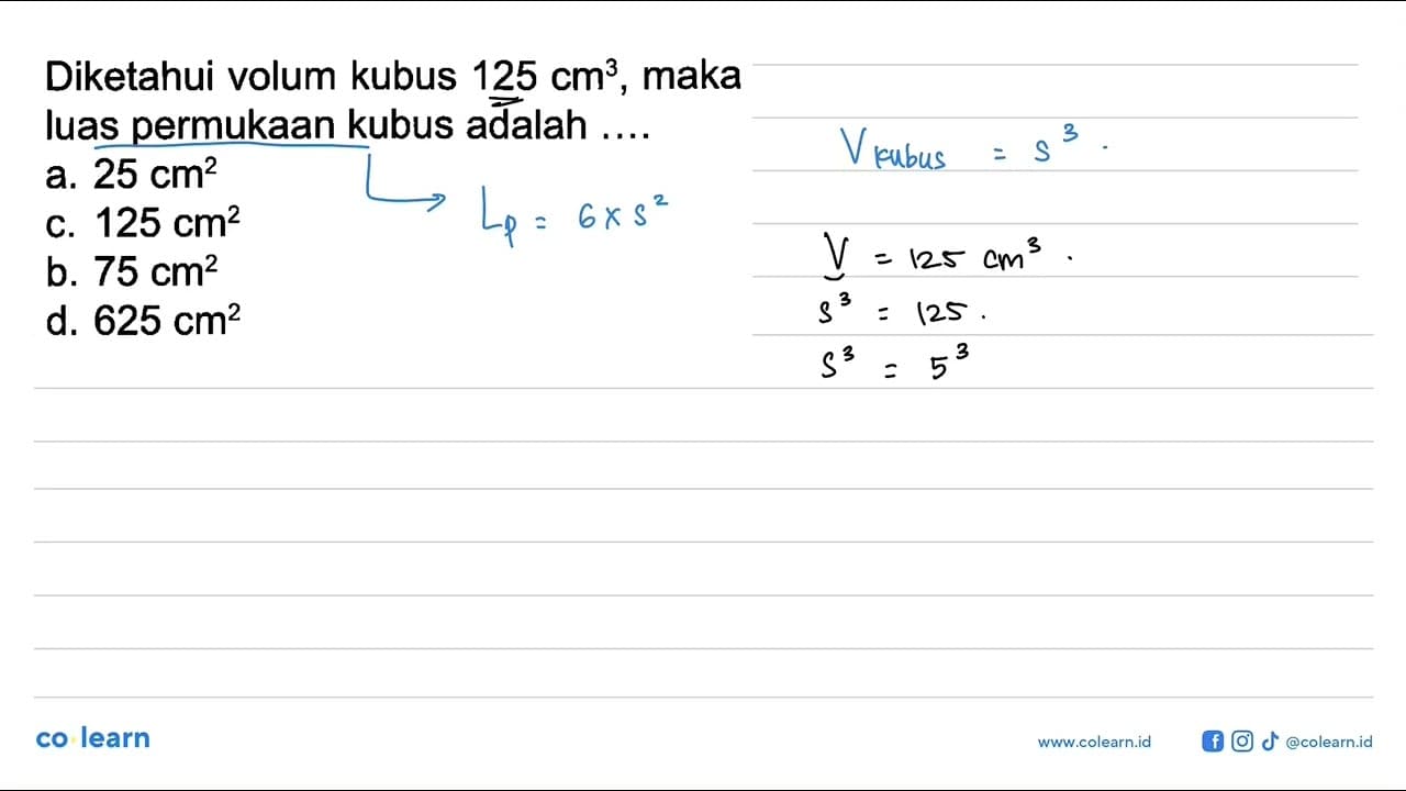 Diketahui volum kubus 125 cm^3, maka luas permukaan kubus