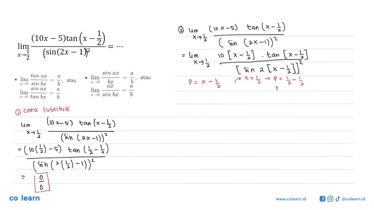 lim x->1/2 ((10x-5)tan(x-1/2))/(sin(2x-1)^2) = ...