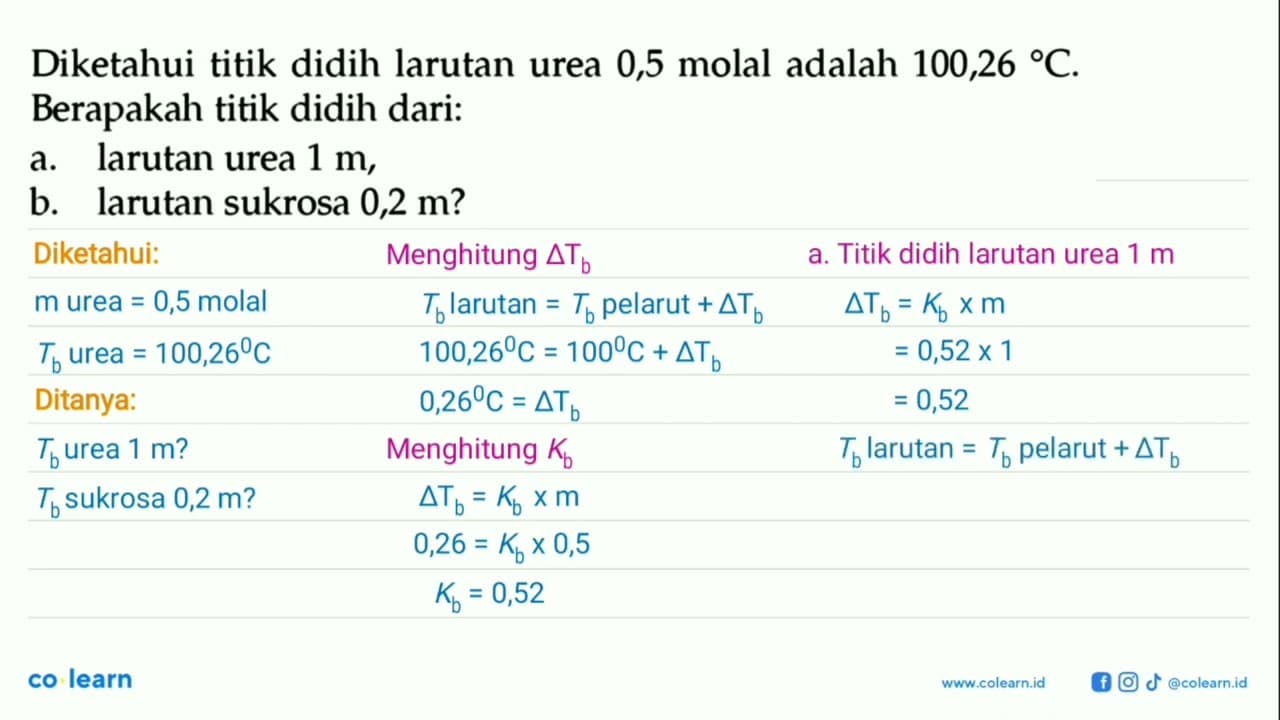 Diketahui titik didih larutan urea 0,5 molal adalah 100,26