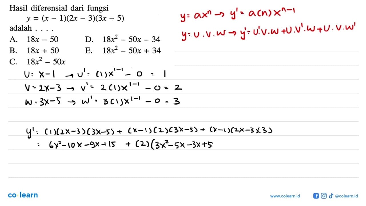 Hasil diferensial dari fungsi y=(x-1)(2x-3)(3x-5) adalah