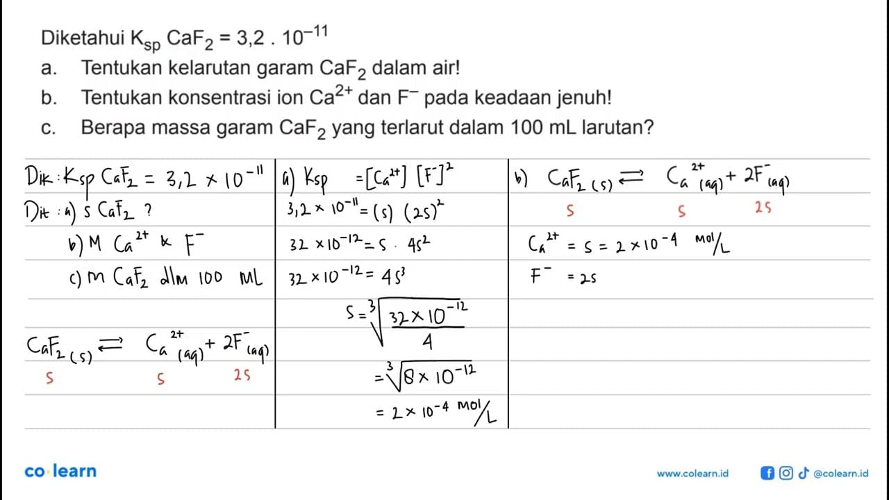 Diketahui Ksp CaF2=3,2.10^-11 a. Tentukan kelarutan garam