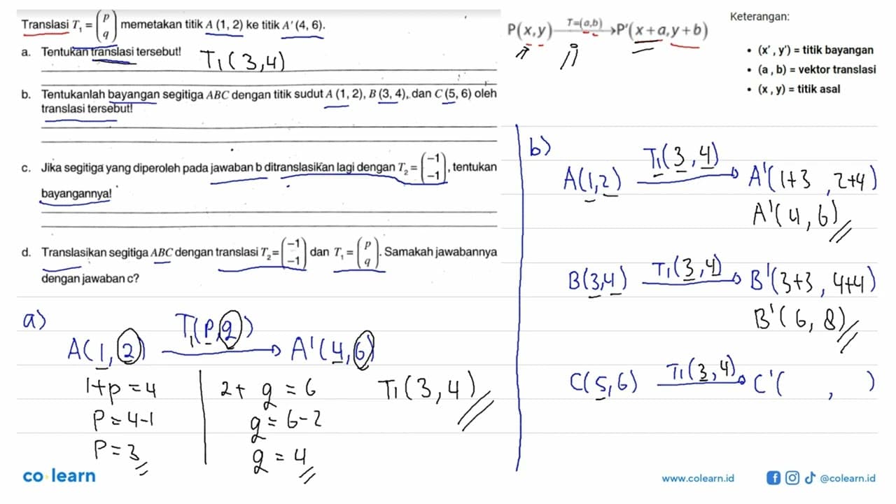 Translasi T1=(p q) memetakan titik A(1,2) ke titik A'(4,6).