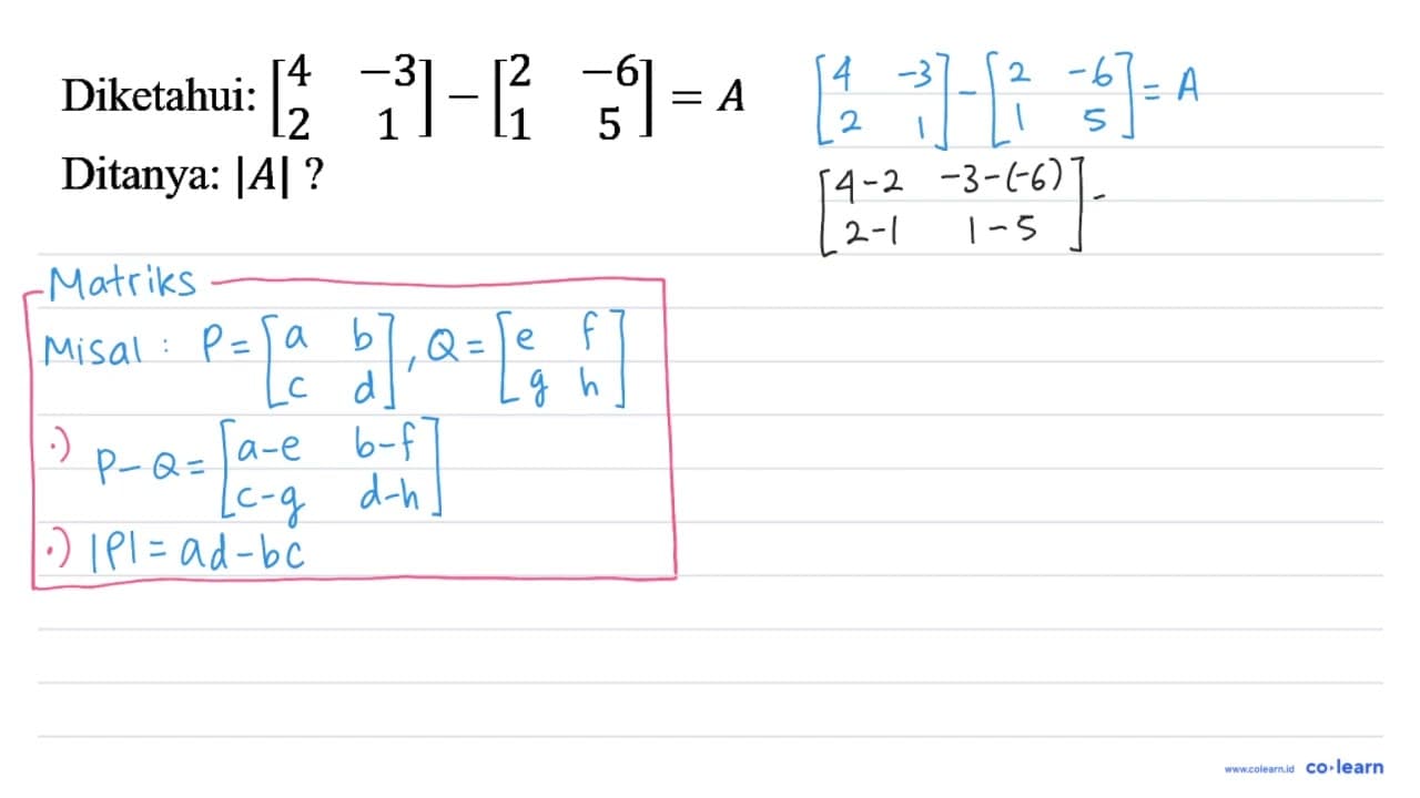 Diketahui: [4 -3 2 1]-[2 -6 1 5]=A Ditanya: |A| ?