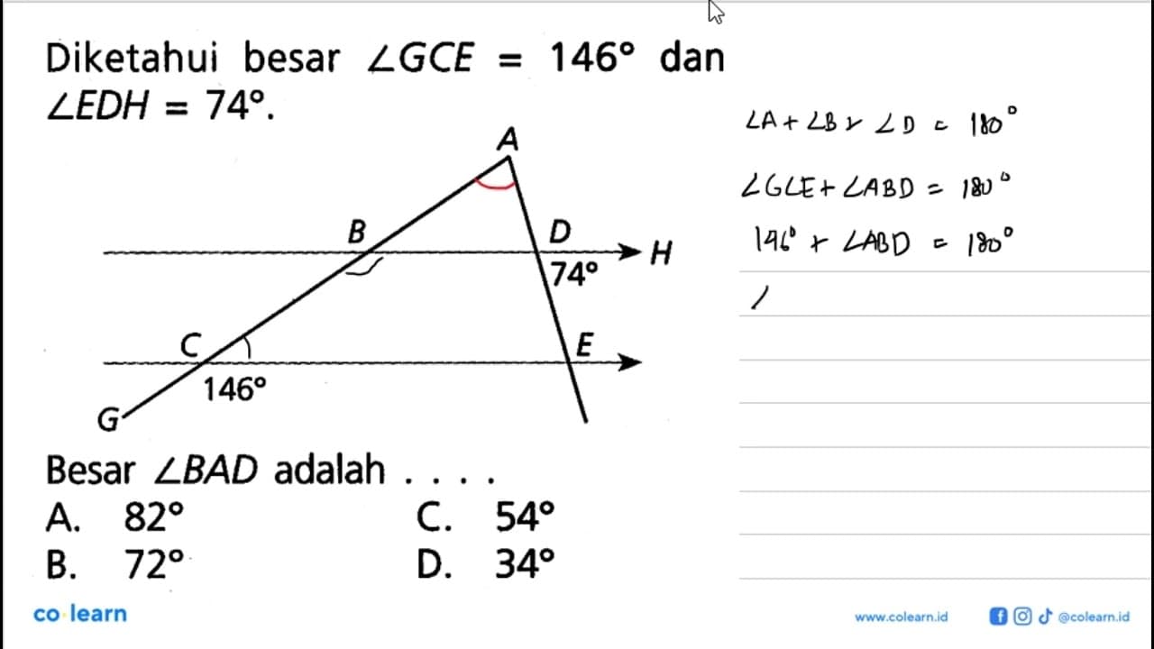 Diketahui besar sudut GCE=146 dan sudut EDH=74 A B D H 74 C