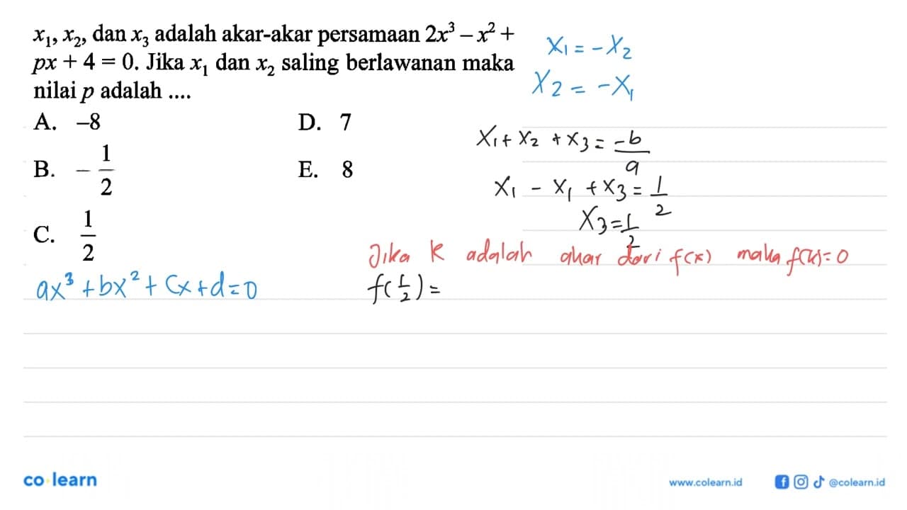 x1, x2, dan x3 adalah akar-akar persamaan 2x^3-x^2+px+4=0.