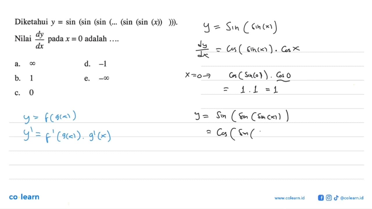 Diketahui y=sin (sin (sin (...(sin (sin (x))))). Nilai