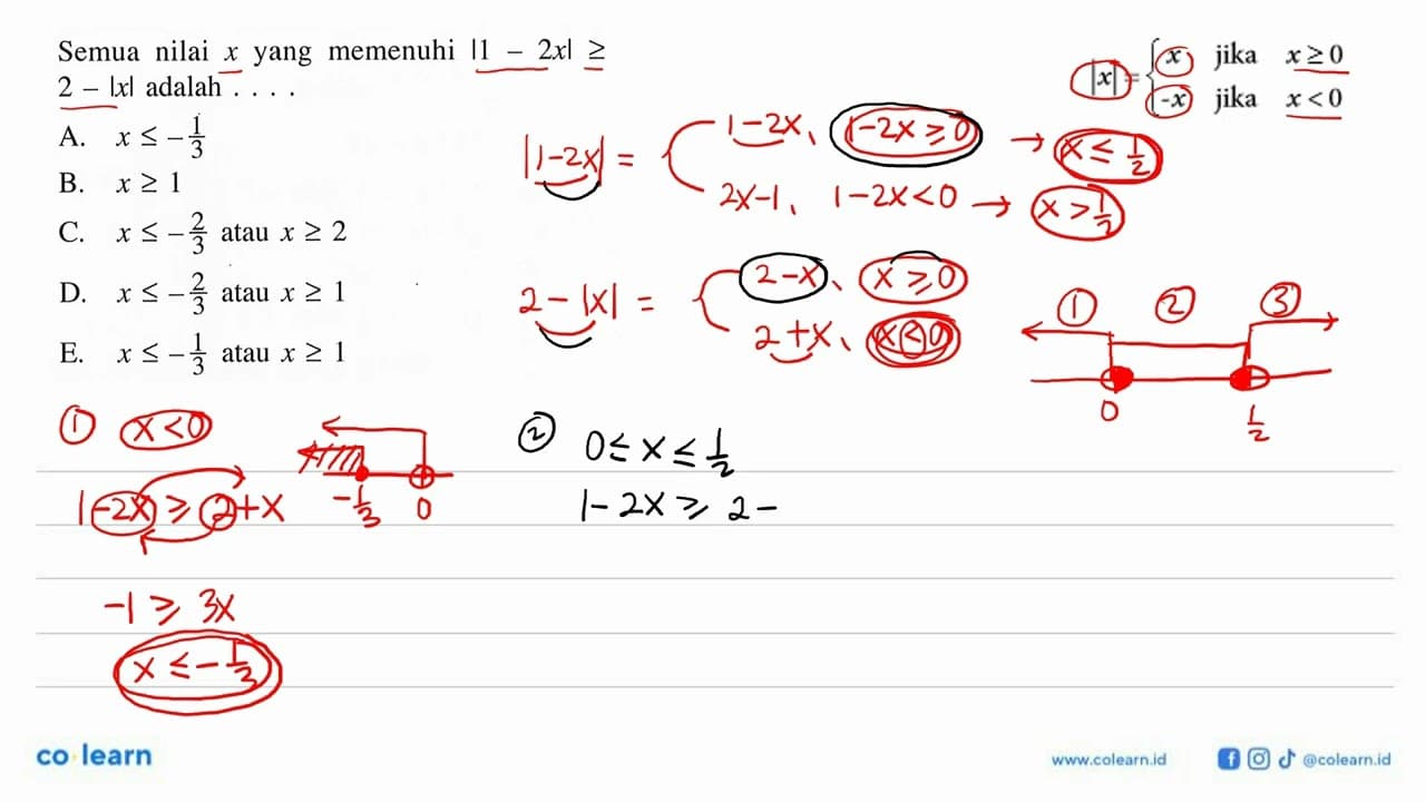 Semua nilai x yang memenuhi |1-2x|>=2-|x| adalah ...