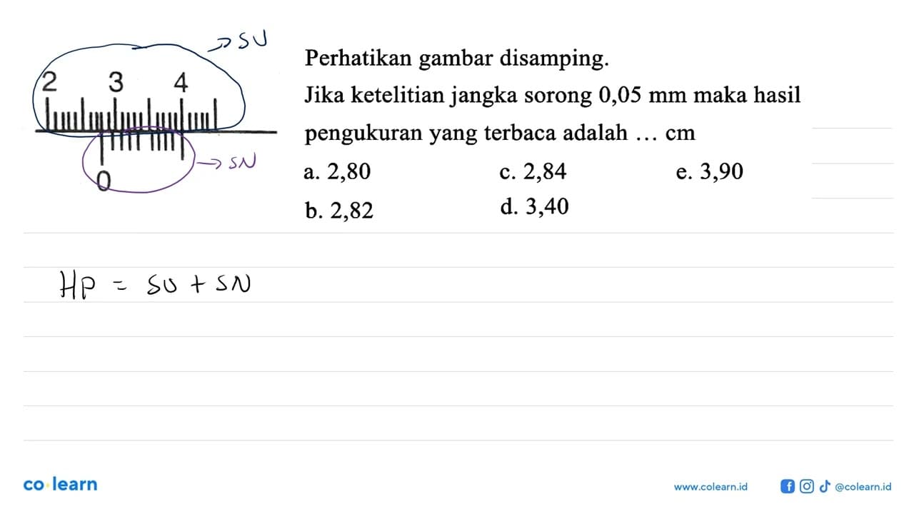 Perhatikan gambar disamping. 2 3 4 0 Jika ketelitian jangka