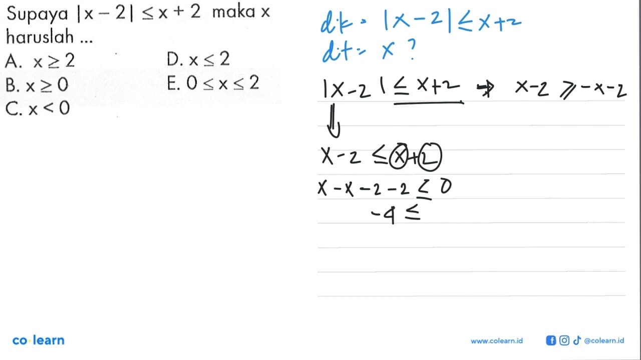 Supaya |x - 2| <= x+ 2 maka x haruslah