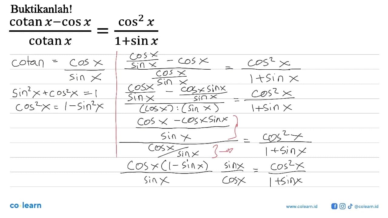 (cotan x-cos x)/cotan x=cos^2 x/(1+sin x)