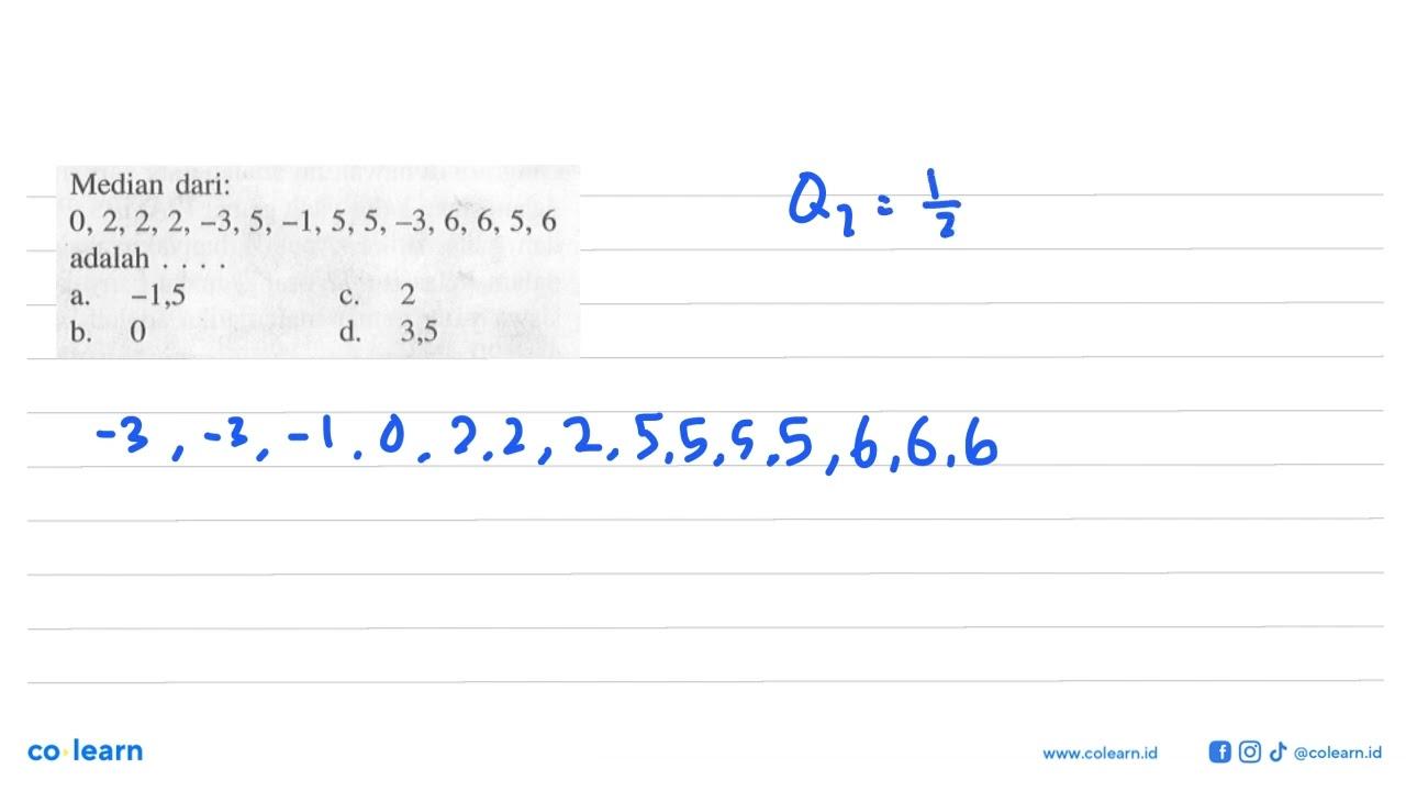 Median dari: 0,2,2,2,-3,5,-1,5,5,-3,6,6,5,6 adalah ....