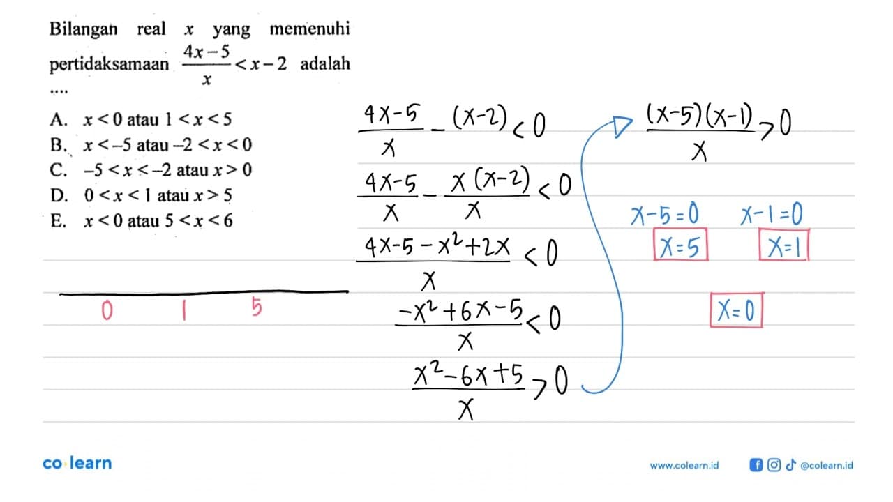 Bilangan real yang memenuhi pertidaksamaan (4x-5)/x<x-2