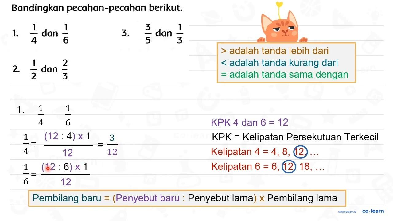 Bandingkan pecahan-pecahan berikut. 1. (1)/(4) dan (1)/(6)