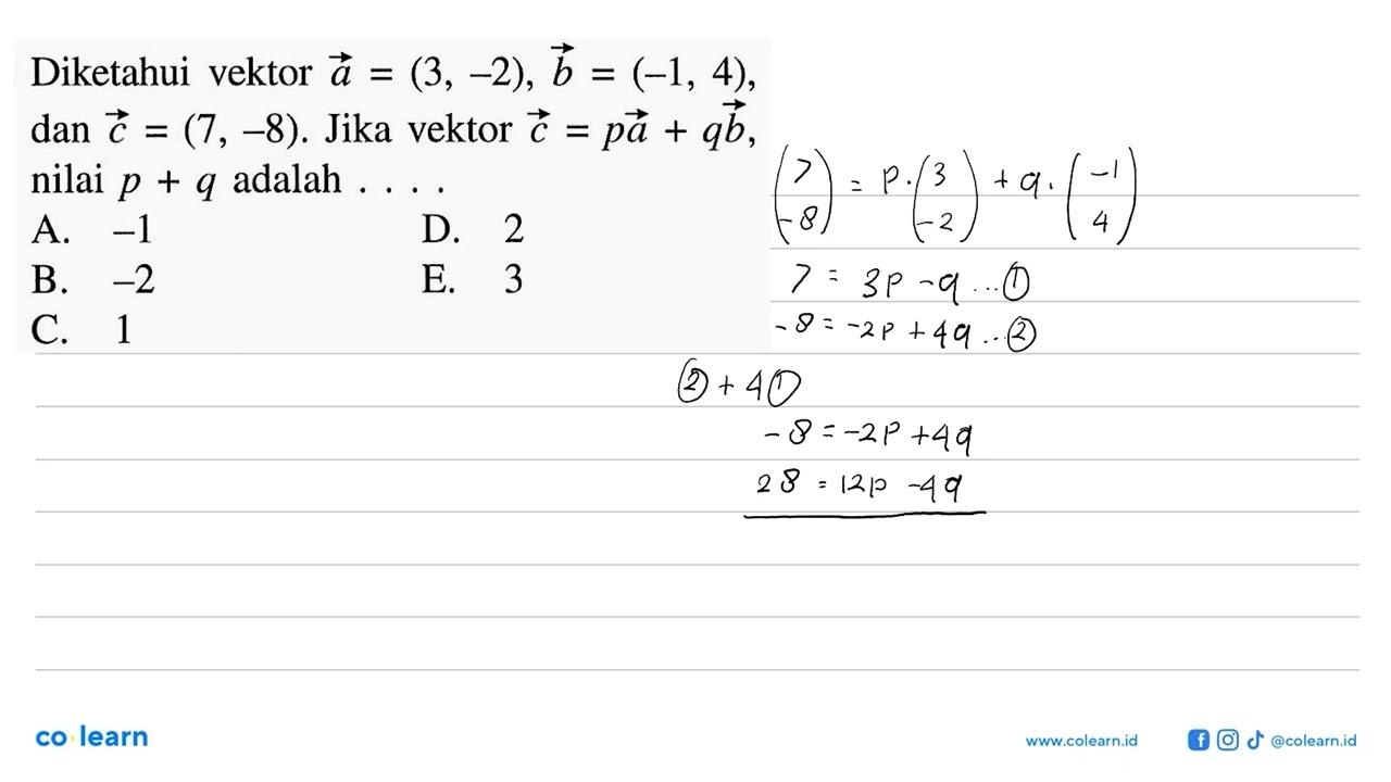 Diketahui vektor a = (3,-2), vektor b = (-1,4) , dan vektor