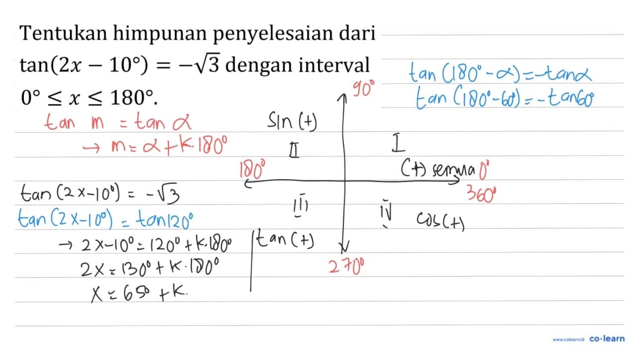 Tentukan himpunan penyelesaian dari tan (2 x-10)=-akar(3)