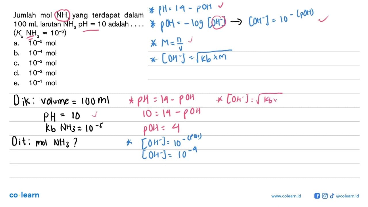Jumlah mol NH3 yang terdapat dalam 100 mL larutan NH3 pH=10