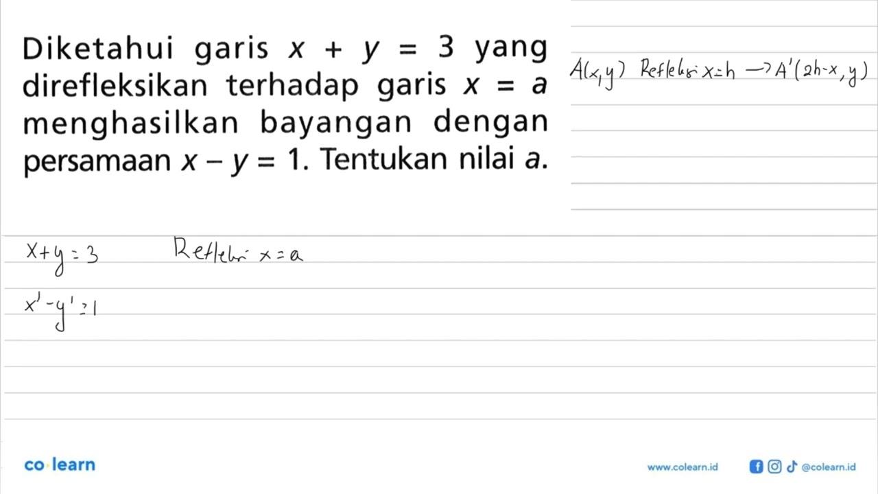 Diketahui garis x+y=3 yang direfleksikan terhadap garis x=a