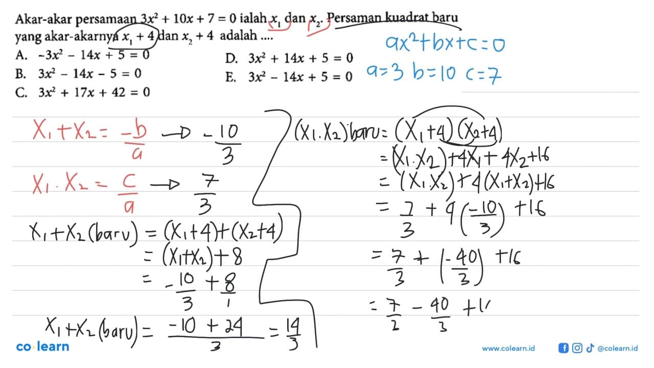 Akar-akar persamaan 3x^2 + 10x + 7 = 0 ialah x1 dan x2,