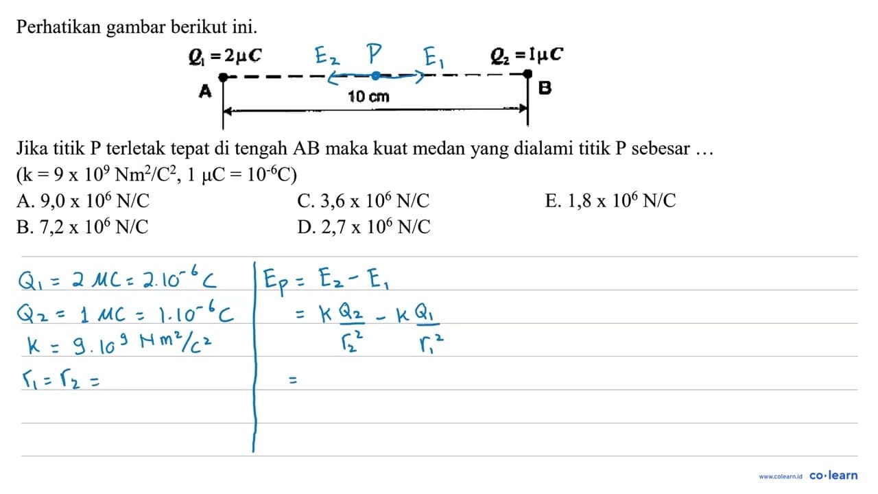 Perhatikan gambar berikut ini.A Q1 = 2 mu C 10 cm Q2 = mu C