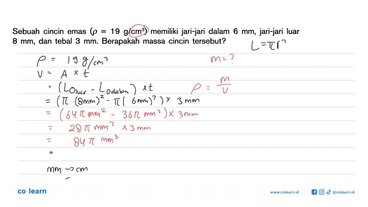 Sebuah cincin emas (rho= 19 g/cm^3) memiliki jari-jari