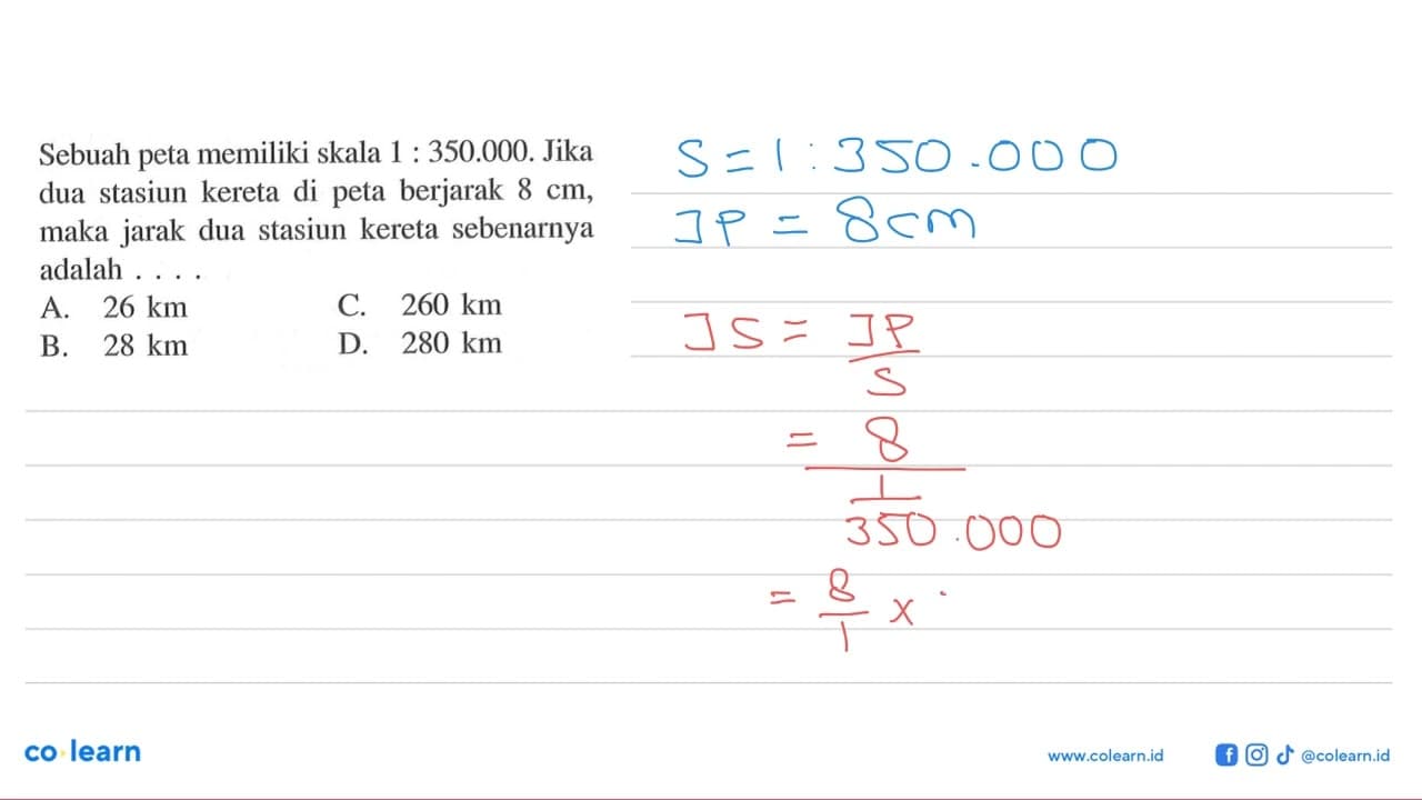 Sebuah peta memiliki skala 1 : 350.000. Jika dua stasiun