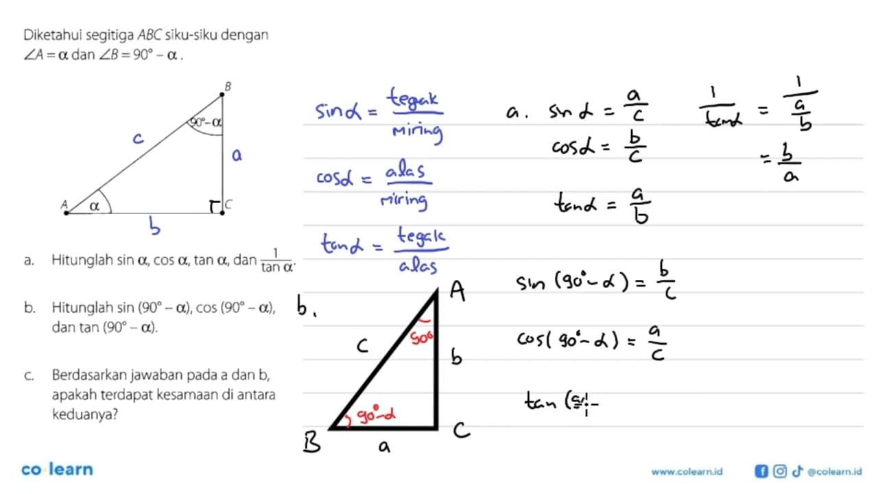 Diketahui segitiga ABC siku-siku dengan sudut A=a dan sudut