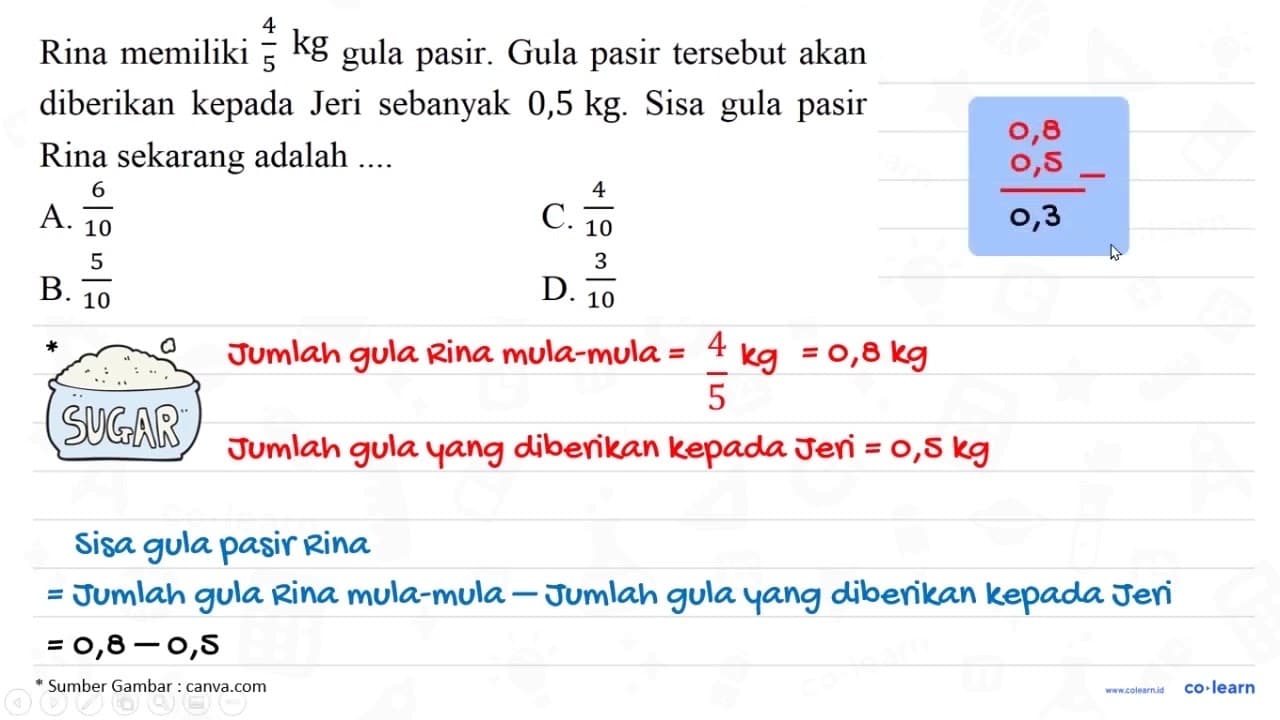 Rina memiliki 4/5 kg gula pasir. Gula pasir tersebut akan